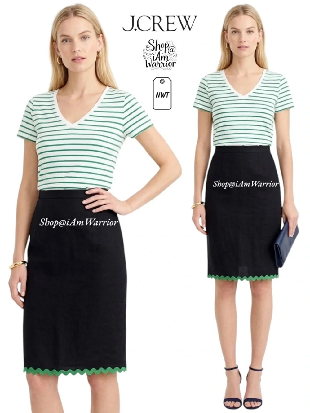 J.Crew NWT navy pencil skirt with Kelly green scallop trim *shop@iamwarrior